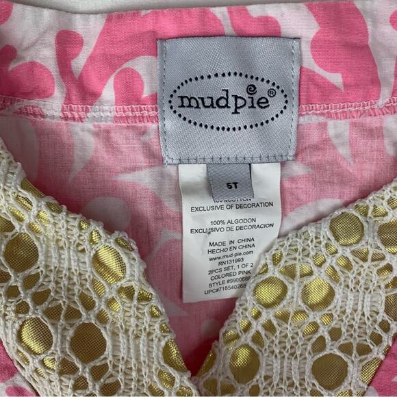Mud Pie girls size 5t Pink Dress with Gold Accents lilly pink white fish beach n - Picture 3 of 7